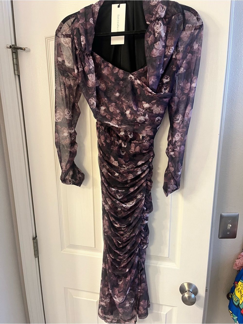 Dance & Marvel Purple Floral Long-Sleeve Ruched Mesh Dress